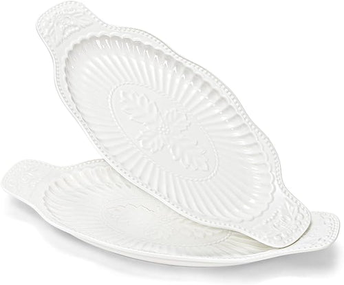 2 Pack Porcelain Oval Serving Platters, 14 Inch Large Embossed White Serving by Suwimut