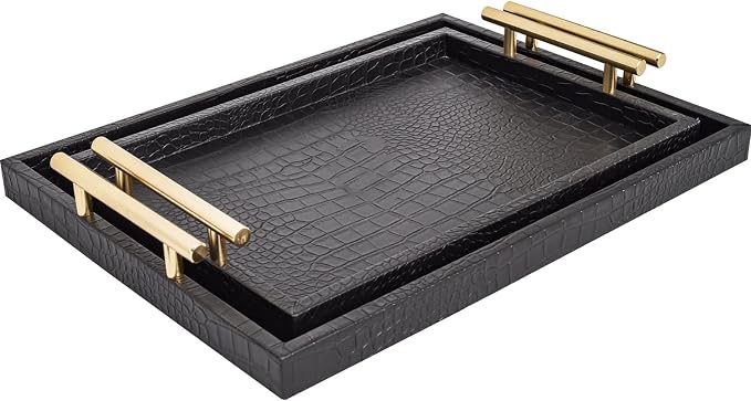 Set of 2 Modern Elegant Large Wood Serving Tray, Rectangle Decorative Tray - Image 6