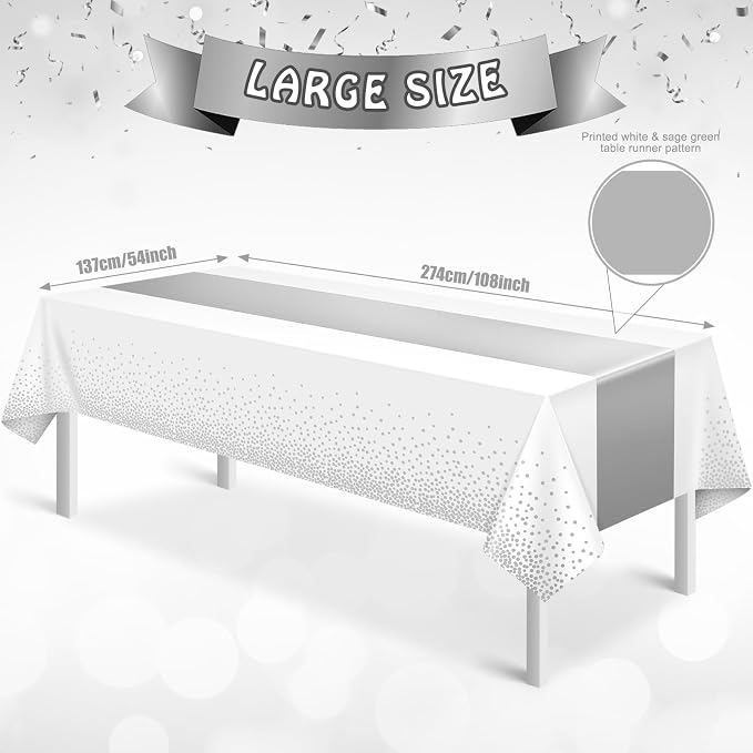MASHAN 6Pcs White and Silver Polka Dot Plastic Tablecloth, 54x108 Inch - Image 2