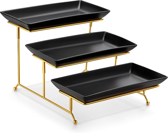 MALACASA 3 Tier Serving Trays for Party, 12 Inch Porcelain Black Trays for by MALACASA