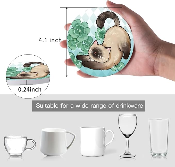 Ceramic Coasters Absorbent Non Slip 6pcs 4 Inch Coaster Lazy Cats | Drink - Image 2