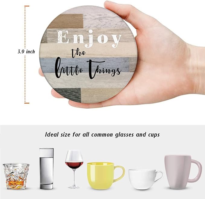 Coasters for Drinks, Ceramic Stone Wood Farmhouse | Absorbent Round Table Mat - Image 2