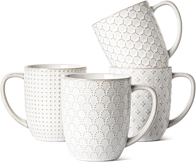 LE TAUCI Coffee Mugs 16 oz, Ceramic Mug Set, Embossment Cups by LETAUCI
