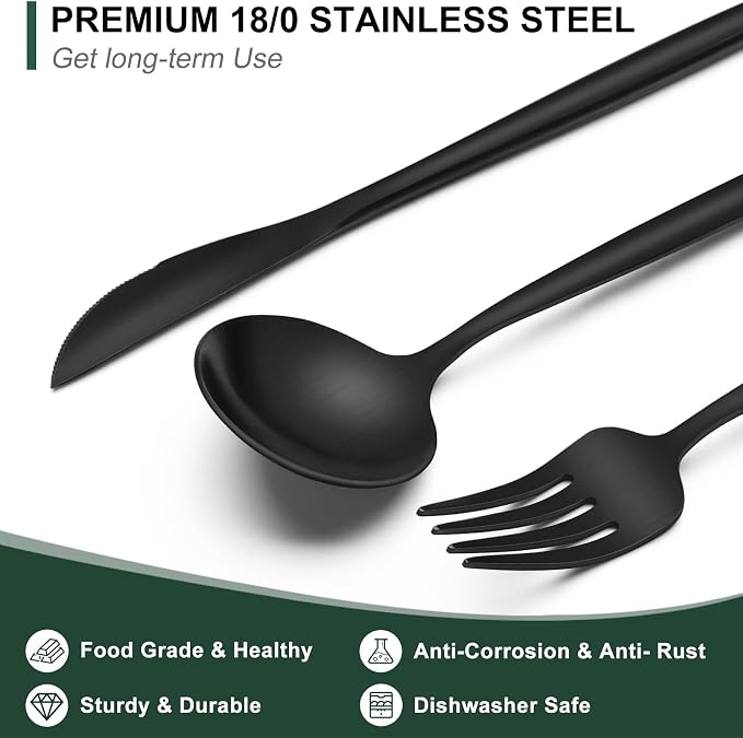 Matte Black Silverware Set 30 Piece, Wildone Stainless Steel Flatware Set - Image 3