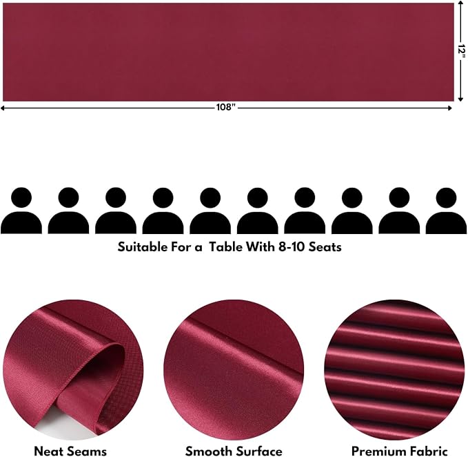 Burgundy Satin Table Runner, 12x108 Inches, 4 Pack | Premium Satin, Smooth - Image 7
