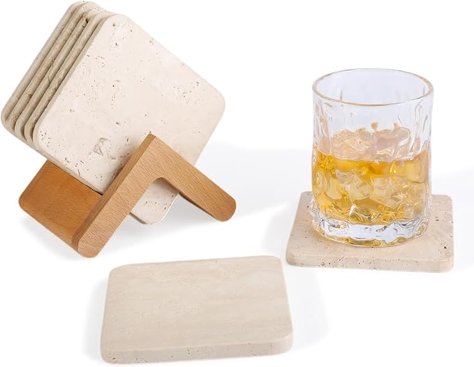 Travertine Coasters Set of 5, Square Coasters by Koville