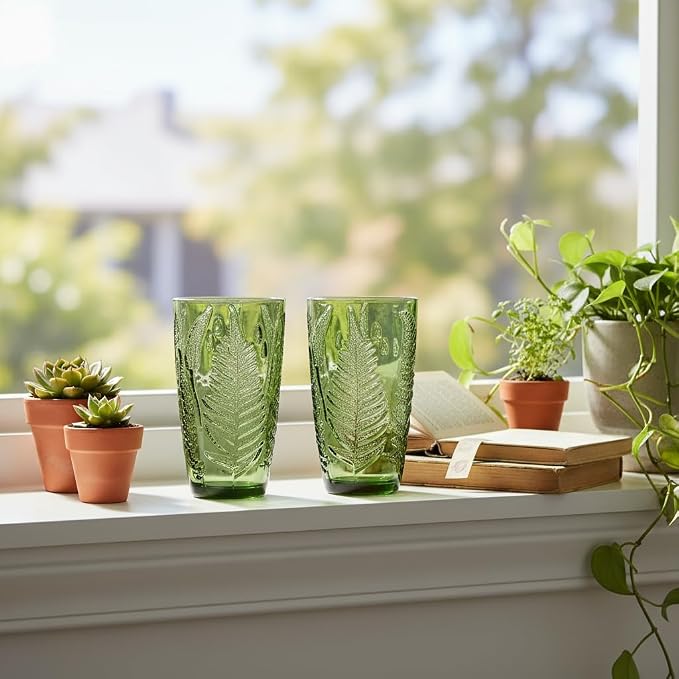Green Drinking Glasses Set of 8, 16 oz Glass Cups, Vintage Fern Glassware | - Image 4