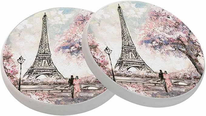 Eiffel Tower Coasters for Drinks Paris Pink Tree Couple Love Oil Painting by oFloral