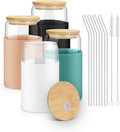 sungwoo Glass Cups with Lids and Straws, 4 Pack 16OZ Iced Coffee Cups with by sungwoo