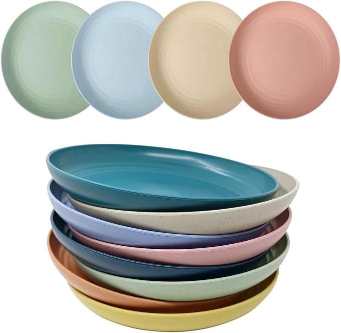 CAMBUY Wheat Straw Plates 8 Pack 8 Inch Reusable Large Dinner Plate Set | by CAMBUY