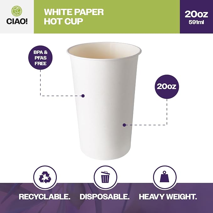 CIAO! 20oz White Paper Hot Cup, Disposable, 90mm Diameter 600 Count - Image 2
