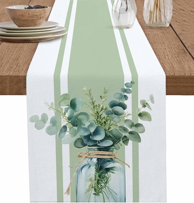 Sage Green Eucalyptus Leaves Table Runners 48 Inches Long, Farmhouse Stripe by Unknown