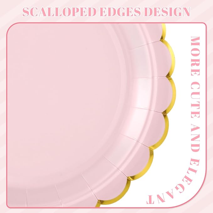 NatNarr 30 Pk Pink Gold Plates 9" Disposable Scalloped Pink Paper Plates | Cute - Image 3