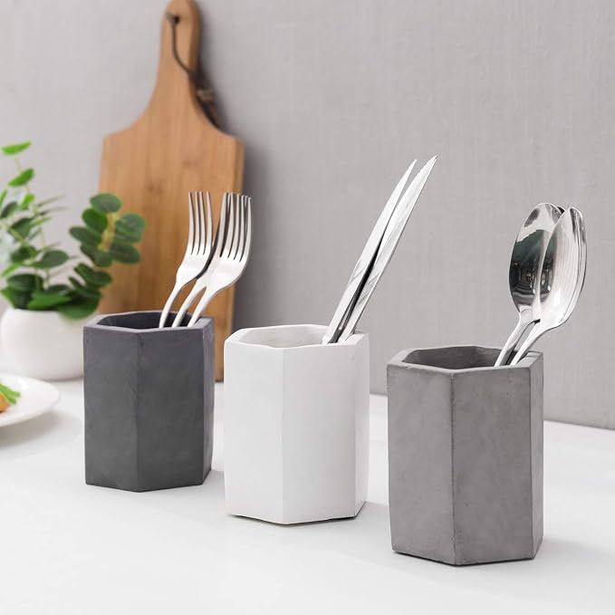MyGift Set of 3 Cement Decorative Hexagon Multi-Colored Desktop Pen Holder and - Image 3