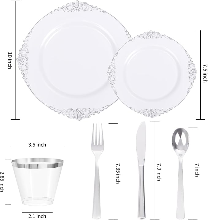 Nervure 600Pcs Silver Plastic Plates, Plastic Dinnerware Set - Image 3