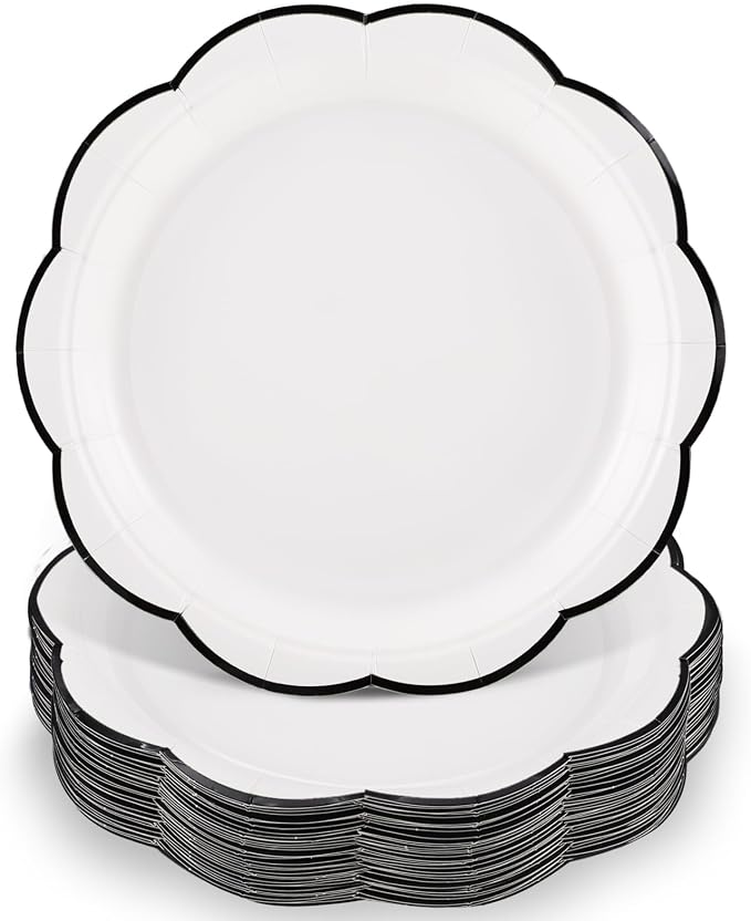 NatNarr 30 Pcs Black and White Paper Plates, 9 Inch White Plates by NatNarr