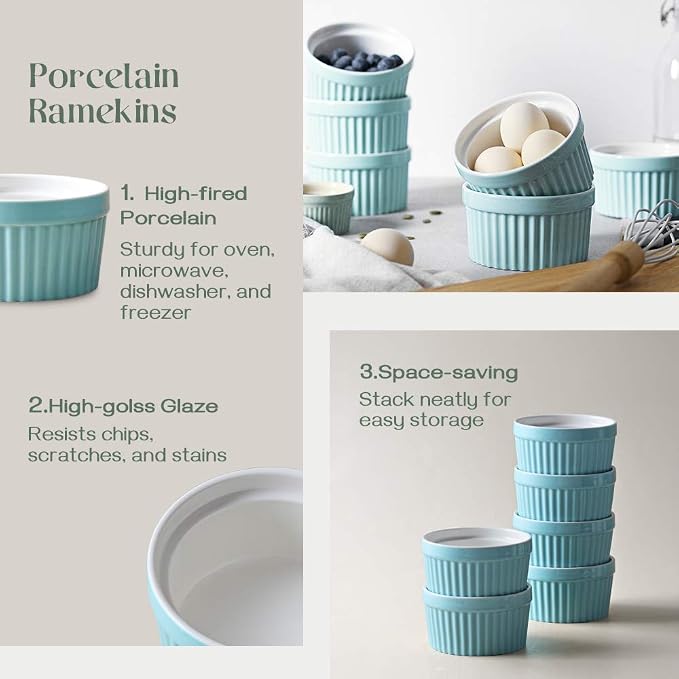 DOWAN 8 oz Ramekins for Creme Brulee, Porcelain Ramekin Oven Safe, Classic - Image 8