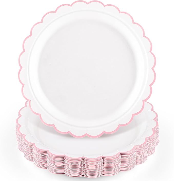 NatNarr 30 Pk Pink Paper Plates 9" Scalloped Pink White Party Plates | Cute by NatNarr