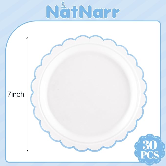 NatNarr 30 PK Light Blue Plates 7" Scalloped Blue White Dessert Cake Plates | - Image 2