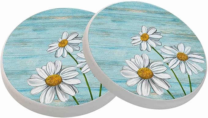 Daisy Flowers Ceramic Coasters Blue Old Wooden Background Absorbent Drink by oFloral