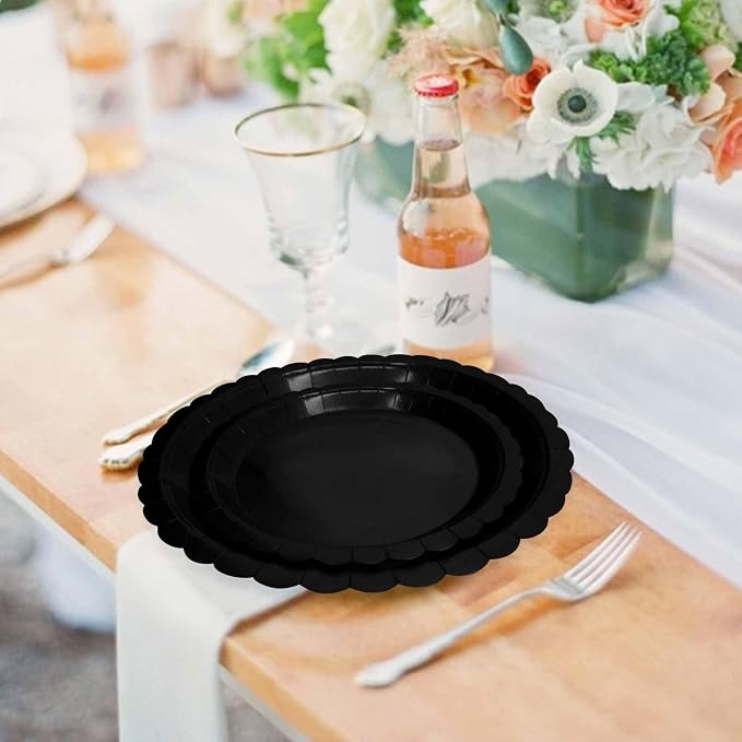 50 Pcs Black Scalloped Paper Plates 25 × 7'' and 25 × 9'' Disposable Black - Image 5