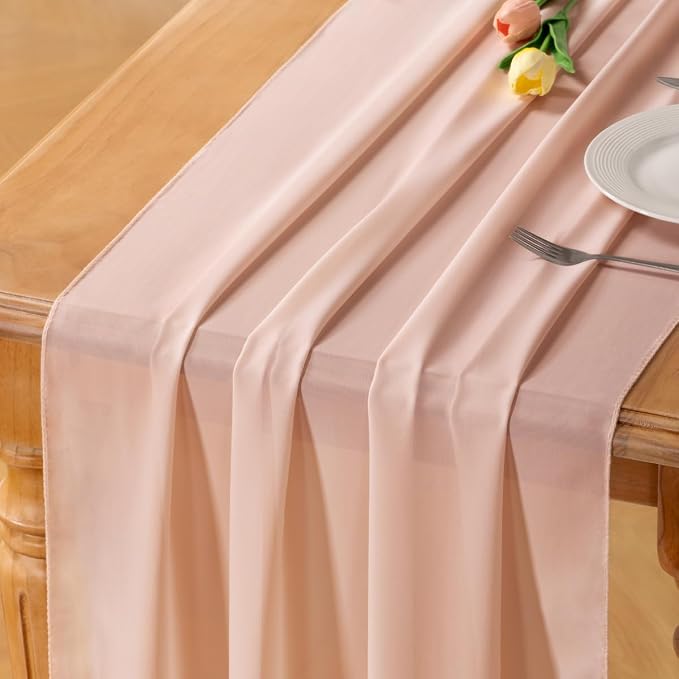 Peach Pink Chiffon Table Runner Summer Boho Wedding Birthday Party Decor | 14ft by Socomi