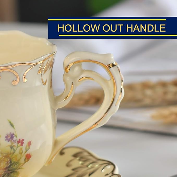 YOLIFE Tea Cup and Saucer Set, 8 OZ Flowering Shrubs Tea Cup Set | Ivory - Image 4