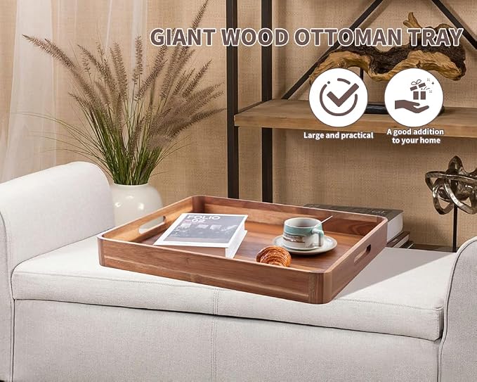 Large Wooden Ottoman Tray, Great 22"x18" Rectangle Trays - Image 4