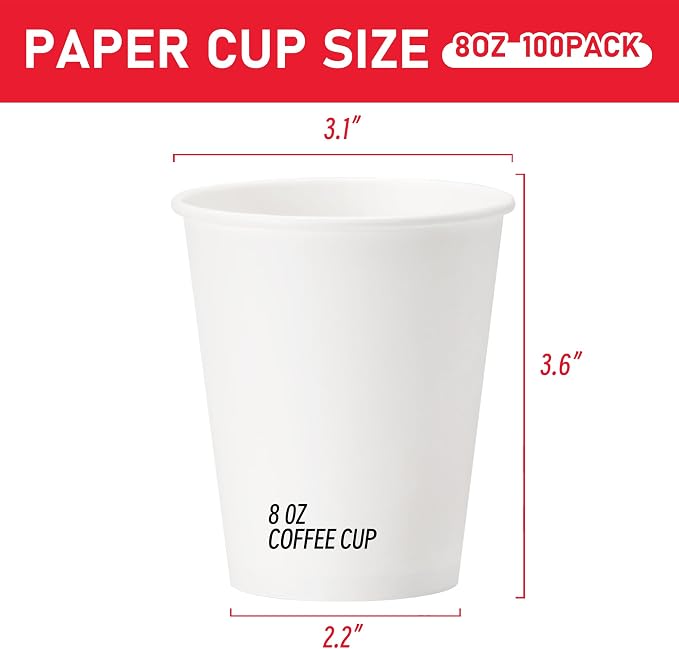 100 Pack 8 oz Paper Cups, Disposable Coffee Cups, or Juice - Image 2