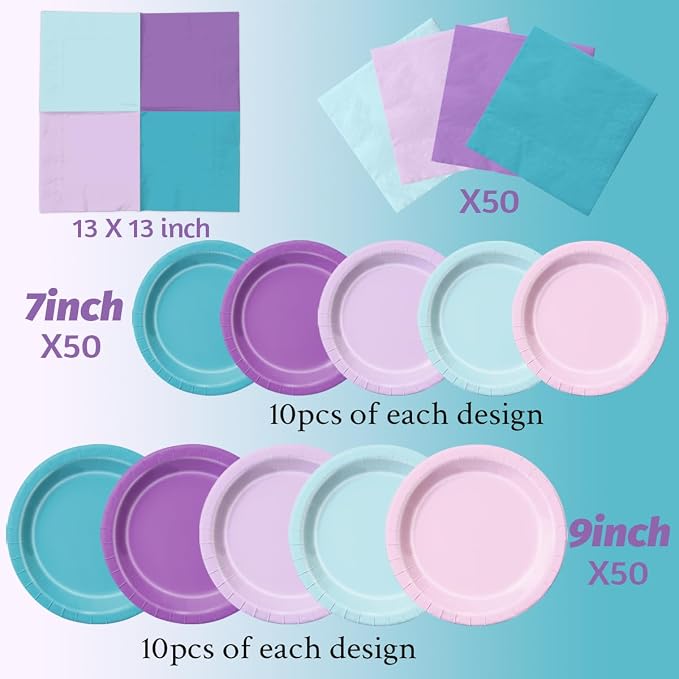 CMUSKO Mermaid Birthday Decorations-150Pcs Pink Blue Purple Plates and Napkins - Image 4