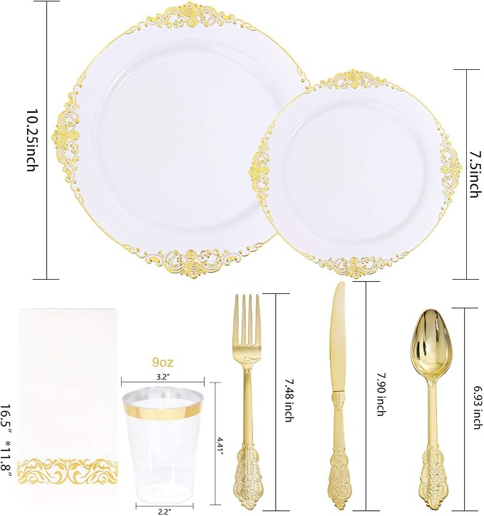 Nervure 175Pcs White and Gold Plastic Plates, Dinnerware Set - Image 8