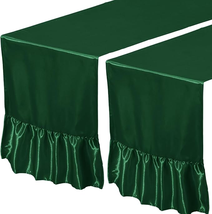 2 Pack Dark Green Satin Table Runner 12 x 72 Inch | Ruffle Design, Luxurious - Image 7