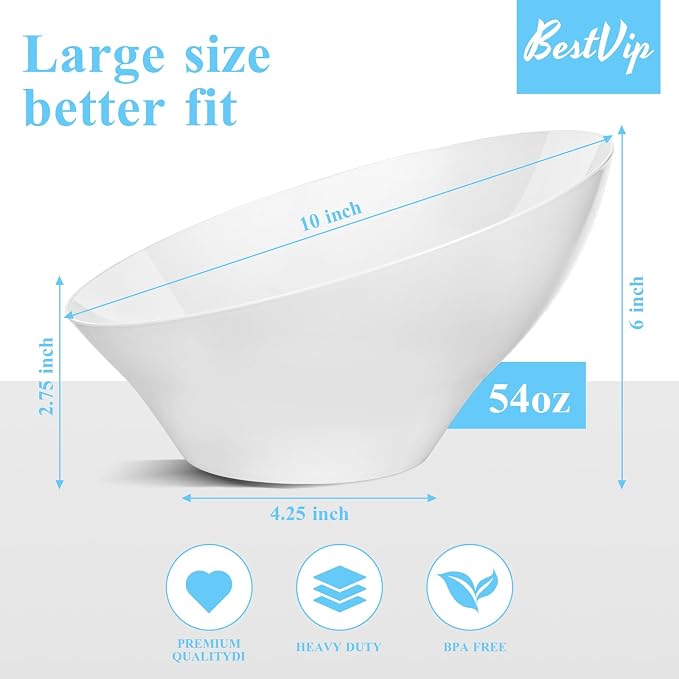 BESTVIP 54 Oz White Plastic Angled Serving Bowls, 12 Pack | Disposable Bowls - Image 2
