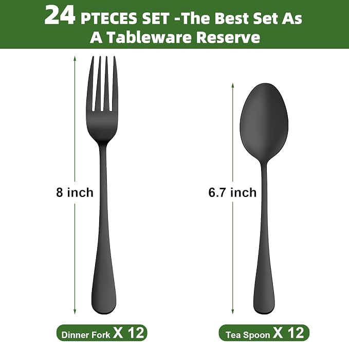 24 Pcs Black Forks and Spoons Silverware Set, Food Grade Stainless Steel - Image 2
