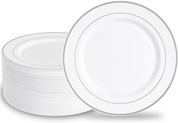 100PCS White Silver Plastic Plates Disposable, 10.25" Heavy Duty Plates | by N9RTABLEWARE