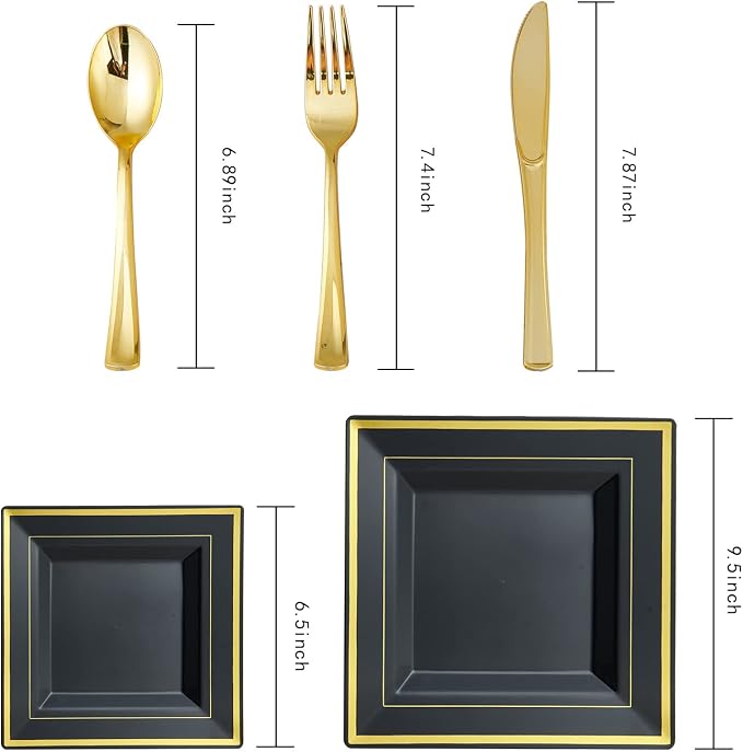 25 Guests Plastic Plates Set Gold Disposable Dinnerware Set | Include 25 Pc 10" - Image 3