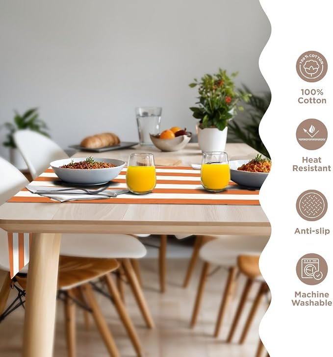 Folkulture Fall Table Runner 108 Inches Long | Orange & White Striped | Table - Image 3