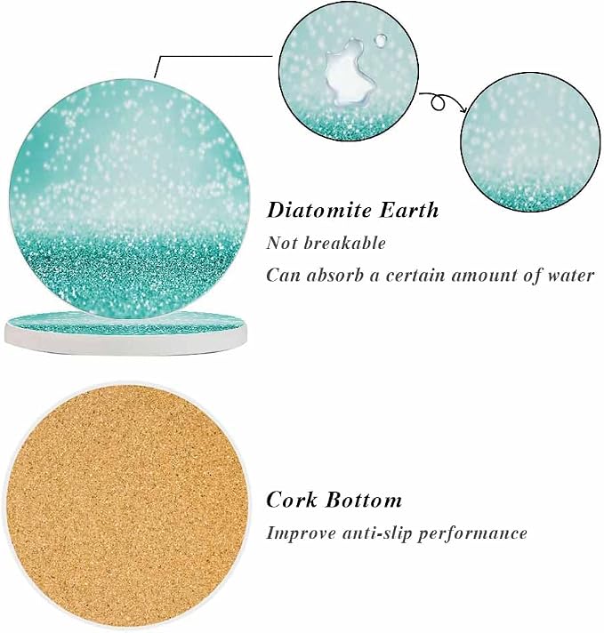 Teal Sparkle Coasters for Drinks Turquoise Green Glitter Bling Absorbent - Image 4