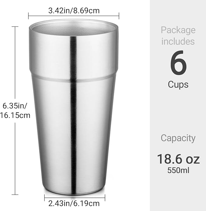 Beasea Stainless Steel Cups 19 oz, 6 Pack Large 18.6oz 550ml Stackable - Image 2