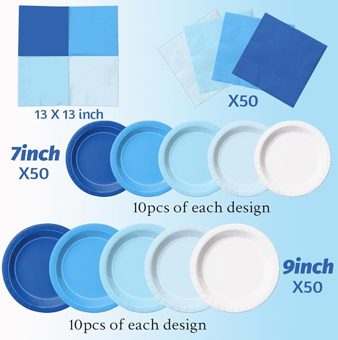 CMUSKO 150Pcs Blue Plates and Napkins-Light Blue Party Supplies Gradient Blue - Image 4