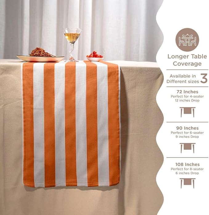 Folkulture Fall Table Runner 90 Inches Long | Orange & White Striped | Table - Image 7