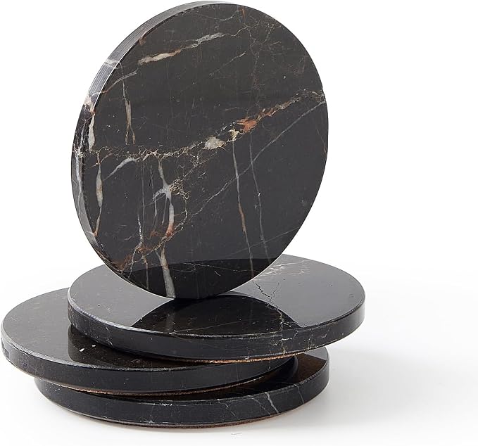 Natural Marble Coaster Set of 4.Round Drinks Coasters, Non-Ceramic/Non-Resin | by STAVORAE