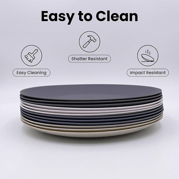 AOYITE 10 inch Plastic Plates Reusable Set 12, BPA Free Kid Plate Grey Tone | - Image 2