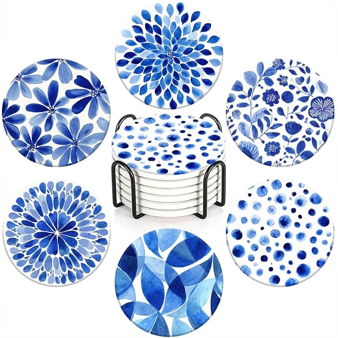 Funny Coasters Set of 6 Round Ceramic Blue Watercolor Textured Coasters by BaHomeck