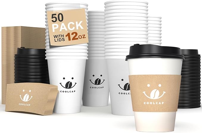 Coffee Cups with Lids and Sleeves, 12 Ounce 50 pack To Go Coffee Cups with Lids by COOLCAP
