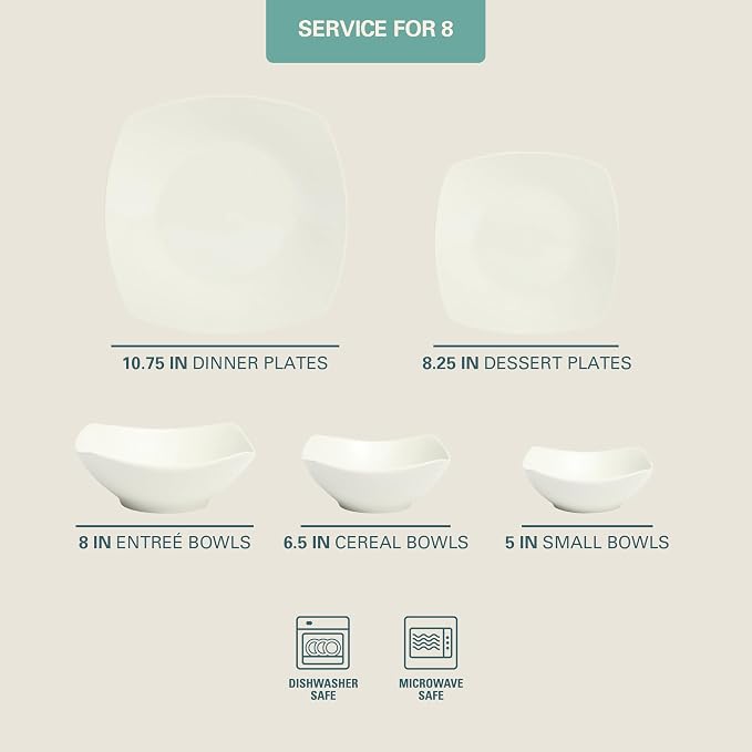 Gibson Home Brentwood 40-Piece Dinnerware Set – Square White Porcelain Plates - Image 2