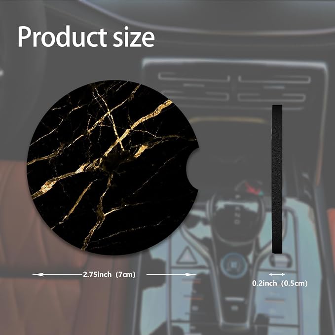 2pcs Black Marble Pattern Car Coasters, Absorbent Universal neoprener Cup - Image 2