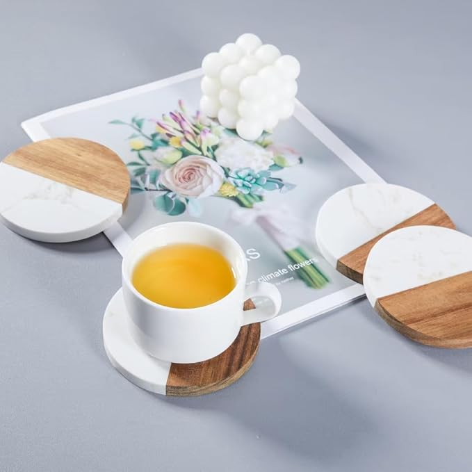 Coasters Set of 4 for Drinks, Marble-Wood Spliced Coaster for Tabletop - Image 4