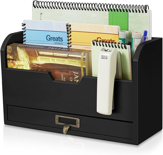 Flexzion Wood Desk Organizer, 3-Tier Mail Organizer w/Drawer, Light Brown | by Flexzion