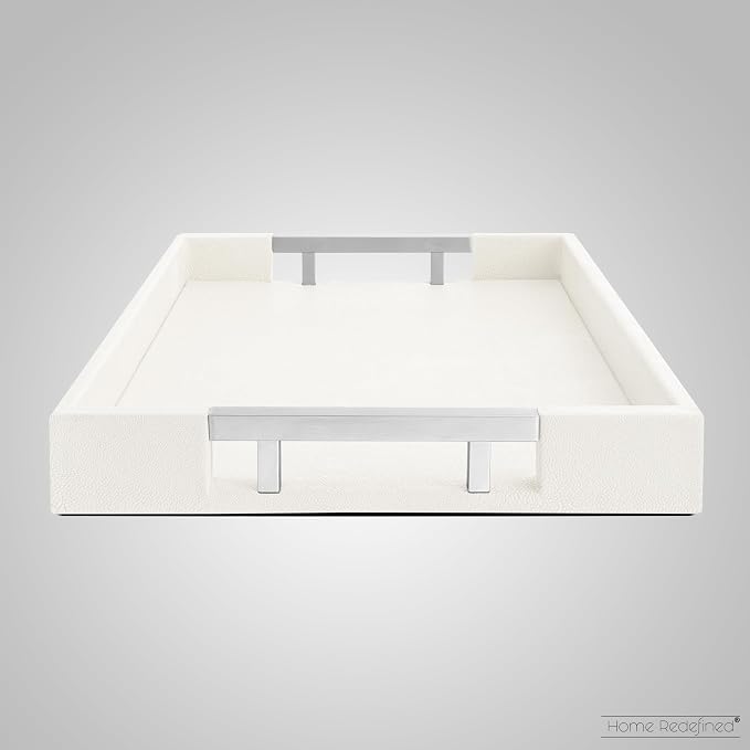Modern Elegant 17.5"x12" White Rectangle Shagreen Faux Leather Decorative Tray - Image 4